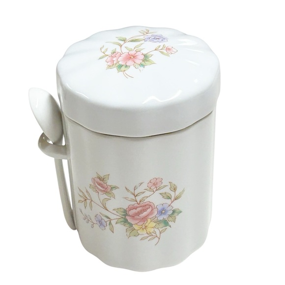 Vintage FTD White Floral Ceramic Sugar Coffee Tea Canister Jar with Spoon & Lid - Picture 2 of 10